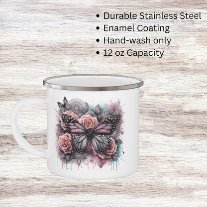 Floral Butterfly Enamel Camping Mug – Artistic Outdoor Coffee Cup for Nature Lovers