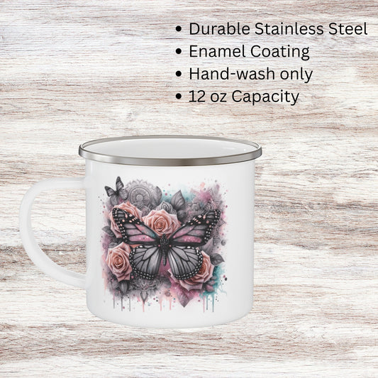 Floral Butterfly Enamel Camping Mug – Artistic Outdoor Coffee Cup for Nature Lovers
